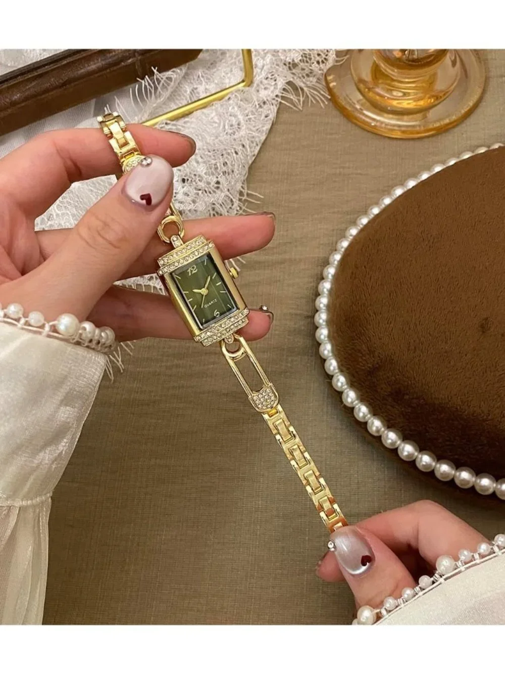 Women's Gold Green Vintage Rectangular Bracelet Luxury Crystal Quartz Wristwatch